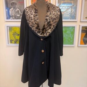 Vintage Black Swing Coat w/ Leopard Faux-Fur Shawl Collar